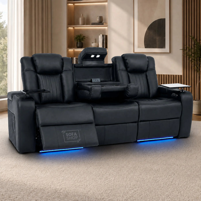3 Seater Cinema Sofa in Black Real Leather | Hi-Tech Cinema Sofa with Vibration Massage, Heated Lumbar, Bluetooth Speakers, Heating & Cooling Cupholders | Capri | The Sofa Shop