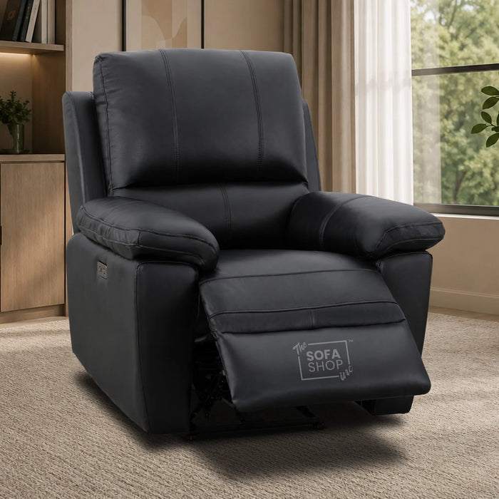 1 Seater Electric Recliner Chair In Black Real Leather | Hi-Tech Cinema Armchair With Power Recline + USB-C Charging + Padded Armrests + Lower Back Cushioning + Wall Hugging Design | Trento | The Sofa Shop
