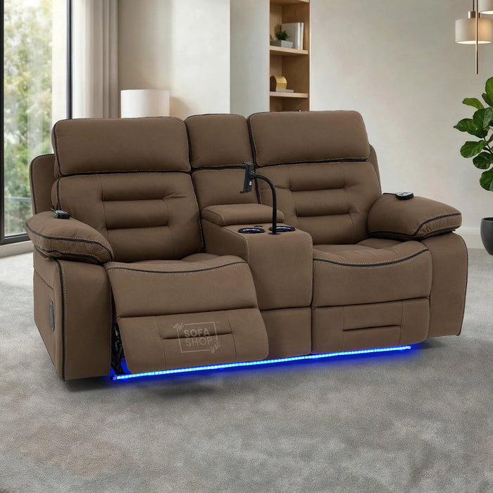 2+1 Mocha Brown Fabric Electric Recliner Cinema Sofa Set | Hi-Tech Sofa Suite with Vibration Massage, Heating, Bluetooth Speakers, Fold-Down Table & Side Storage | Tuscany | The Sofa Shop