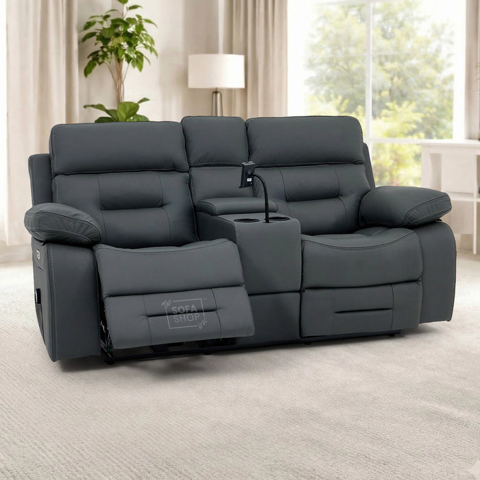 2 Seater Real Leather Electric Recliner Cinema Sofa in Grey | Massage, Power Grommet, Console & Cooling Cup Holders | Sicily | The Sofa Shop