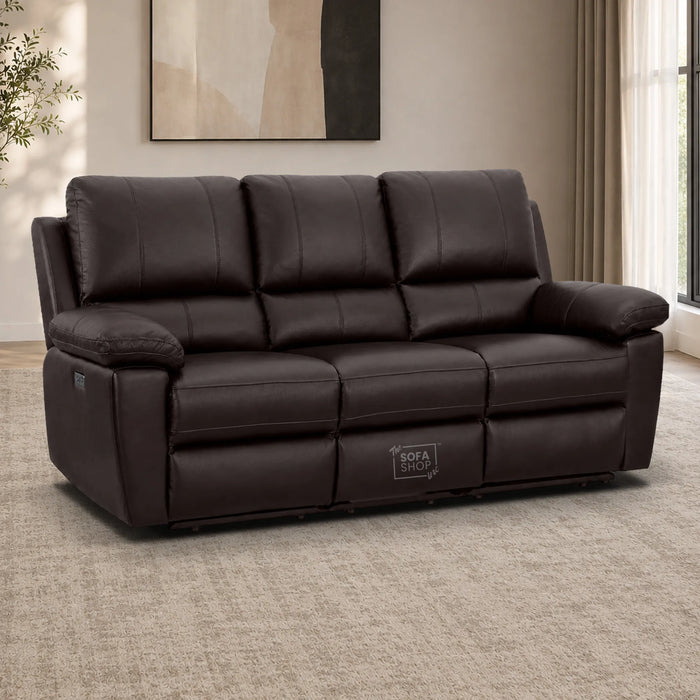 3 Seater Electric Recliner Sofa In Dark Brown Real Leather | Electric Settee With Power Recline + Drop-Down Table + Cup Holders + USB-C Charging | Trento | The Sofa Shop