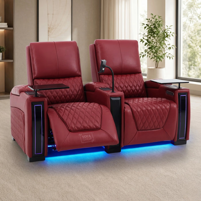2 Seater Red Real Leather Electric Recliner Cinema Sofa | Hi-Tech Recliner Settee with Power Lumbar, Wireless Charging, Heat & Cooling Cupholders | Assisi | The Sofa Shop