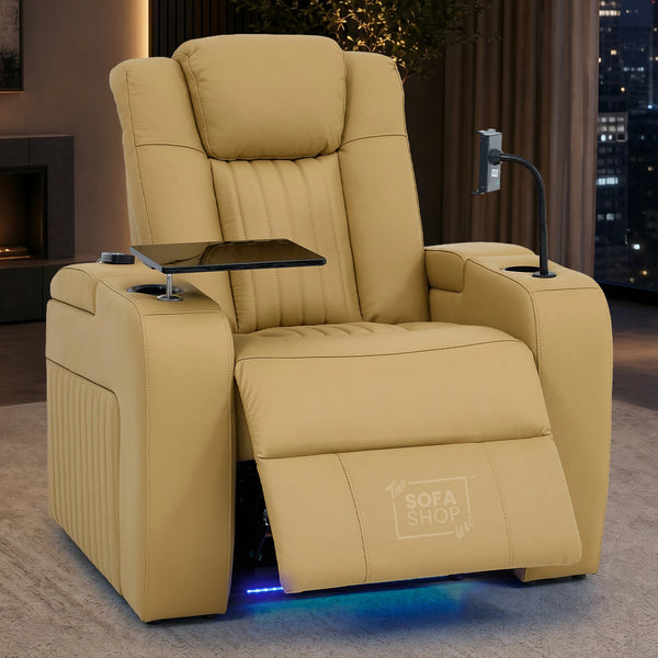 Real Leather Electric Recliner Cinema Chair in Tan | Hi-Tech Power Chair with USB Charging, Heating, Cup Holders, Storage, LED Lights & Massage | Capri | The Sofa Shop