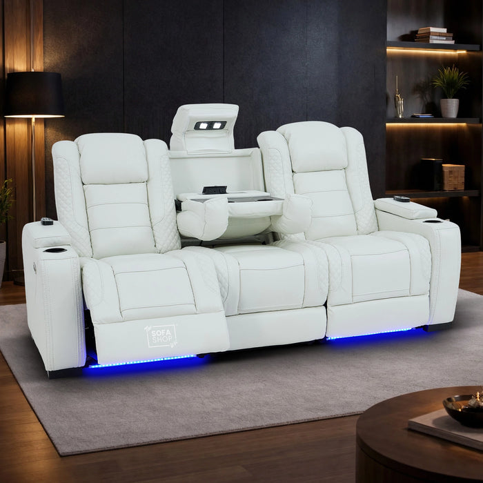 3+1 Real  Leather Electric Recliner Cinema Sofa Set in White | Massage, Heat, USB-C Charging, LED Lights & Fold-Down Table | Napoli | The Sofa Shop