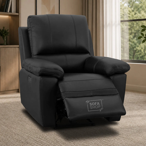 1 Seater Electric Recliner Chair In Black Real Leather | Hi-Tech Cinema Armchair With Power Recline + USB-C Charging + Padded Armrests + Lower Back Cushioning + Wall Hugging Design | Trento | The Sofa Shop