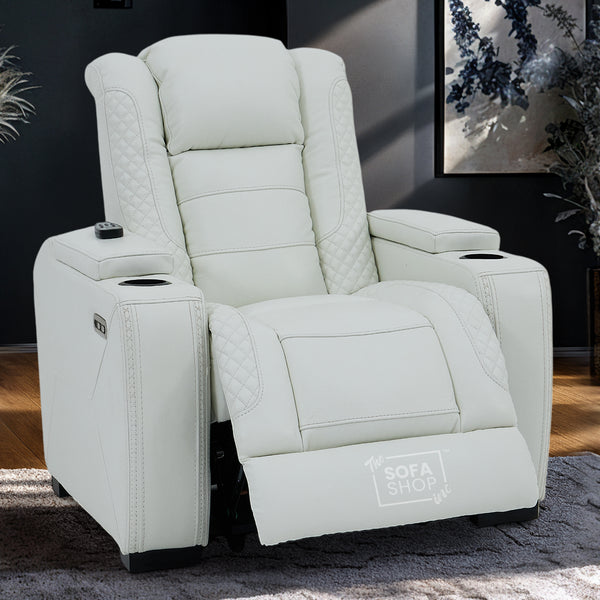 1 Seater Cinema Chair in White Genuine Leather | Hi-Tech Cinema Chair with Power Recline + Power Headrest + USB-C Charging + Vibration Massage + Arm Storage | Napoli | The Sofa Shop