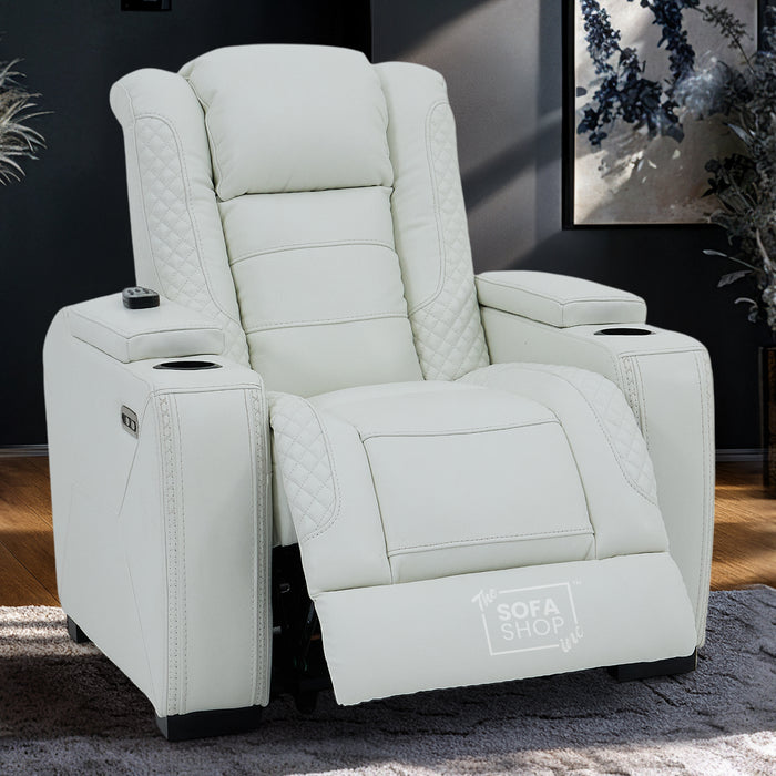 2 Seater Cinema Sofa in White Genuine Leather | Hi-Tech Cinema Sofa with Power Recline + Power Headrests + Settee Storage + Settee Cup Holders + Vibration Massage | Napoli | The Sofa Shop