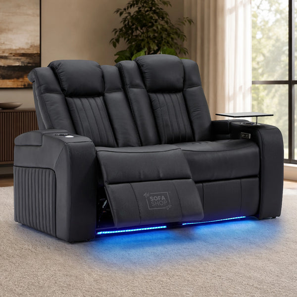 2 Seater Black Real Leather Electric Recliner Cinema Sofa | Hi-Tech Cinema Couch With Vibration Massage, Power Headrest & LED Cup Holders, USB Ports | Capri | The Sofa Shop