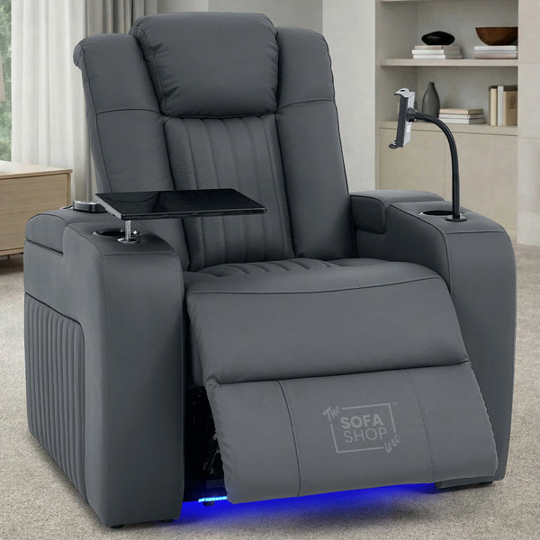 Real Leather Recliner Chair & Cinema Seat in Grey | Electric Armchair with Massage, Heating, LED Cup Holders, Table & USB Ports | Capri