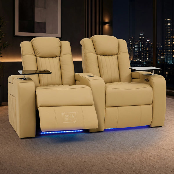 2 Seater Real Leather Power Recliner Sofa in Tan | Cinema Sofa with Console, Heating, USB Charging, Cup Holders, Storage, LED Lights & Massage | Capri | The Sofa Shop