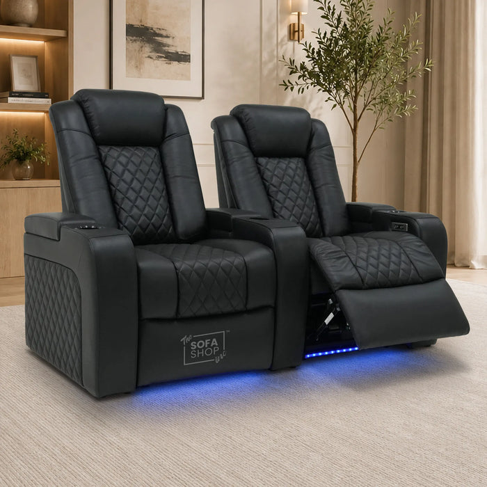 2 Seater Cinema Sofa in Black Real Leather | Hi-Tech Console Couch with Power Recline + Power Headrests + Console Storage + Cup Holders + LED Base Light | Sample |Milano | The Sofa Shop