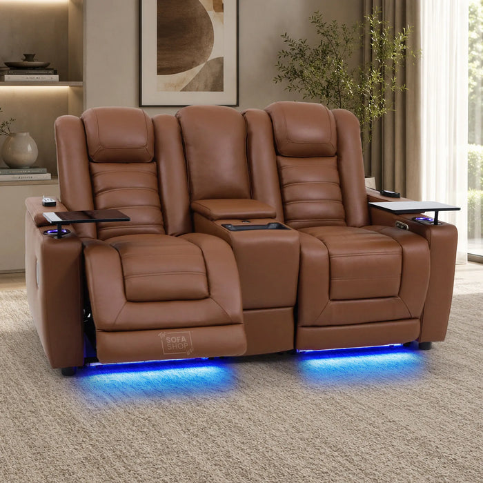 2 Seater Cinema Sofa in Brown Real Leather | Hi-Tech Console Couch with Power Recline, Vibration Massage, Heated Lumbar, Power Headrests, Wireless Charging, Heat & Cool Cupholders, Bluetooth Speakers & Multi-Link| Modena | The Sofa Shop