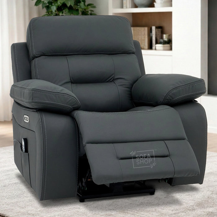 Electric Recliner Chair In Grey Real Leather | Hi-Tech Cinema Seat with Power Headrest, Massage, Heat & USB Charging Button | Grey Real Leather | Sicily