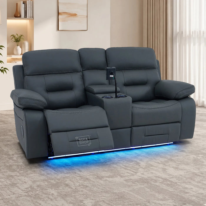 2 Seater Cinema Sofa in Grey Genuine Leather | Hi-Tech Console Couch with Power Recline + Power Headrests + Speakers + Cooling Cupholders | Sicily | The Sofa Shop