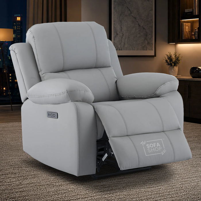 Trento Electric Recliner Chair in Light Grey Real Leather | Power Recline, Padded Armrests & Lumbar Support | The Sofa Shop