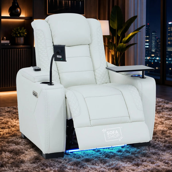 1 Seater Cinema Chair in White Genuine Leather | Hi-Tech Cinema Chair with Power Recline + Power Headrest + Vibration Massage + Heated Lumbar + Power Sockets | Napoli | The Sofa Shop