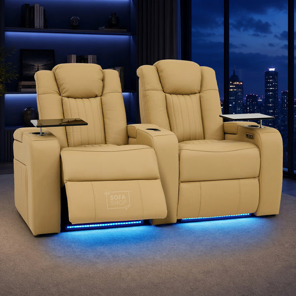 2 Seater Real Leather Electric Recliner Cinema Sofa in Tan | Recliner Settee With Massage, Power Headrests, Power Grommet & Tray Tables | Capri | The Sofa Shop