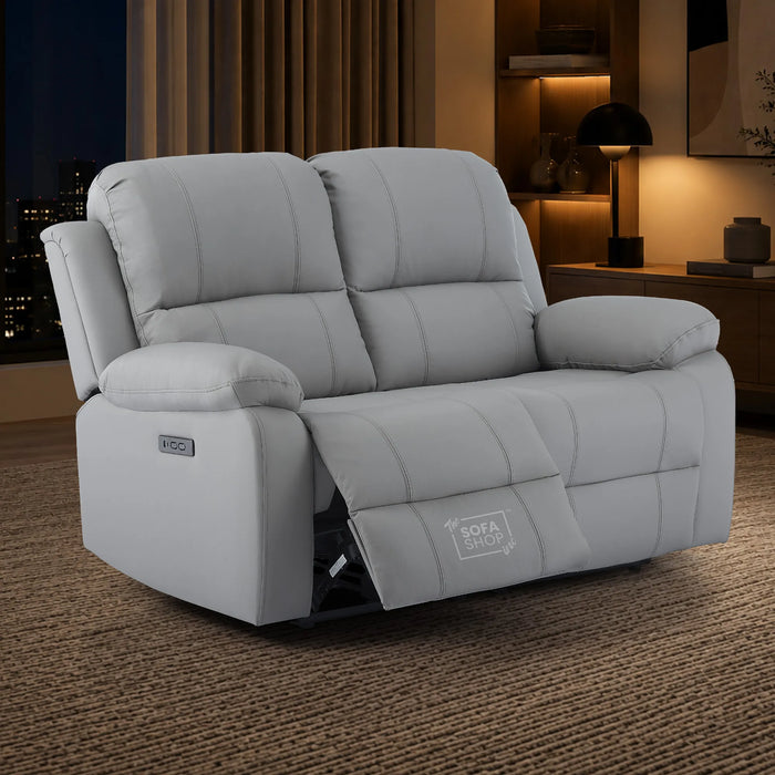 2 Seater Electric Recliner Sofa In Light Grey Real Leather | Smooth Power Recliner, USB-C Charging | Trento |The Sofa Shop