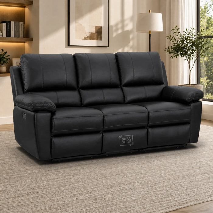 3 Seater Electric Recliner Sofa In Black Real Leather | Power Recliner With Drop-Down Table & USB+C Charging | Comfortable & Family-Friendly Sofa | Trento | The Sofa Shop