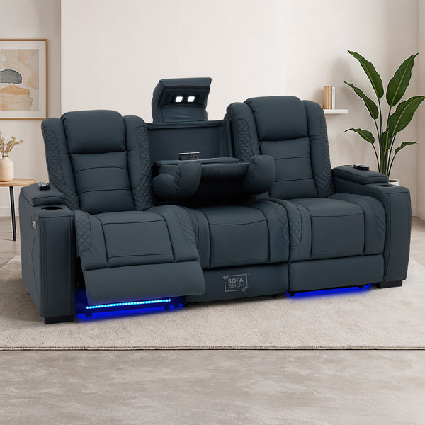 3 Seater Electric Recliner Cinema Sofa in Blue Genuine Leather with Massage, Drop-Down Table, Cup Holders, Power Recliner, USB Ports & Storage Box | Napoli
