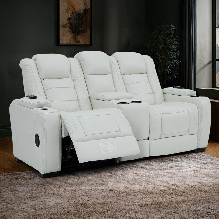 2 Seater White Genuine Leather Electric Recliner Cinema Sofa | Massage, Cooling Cupholders & Central Console | Napoli | The Sofa Shop