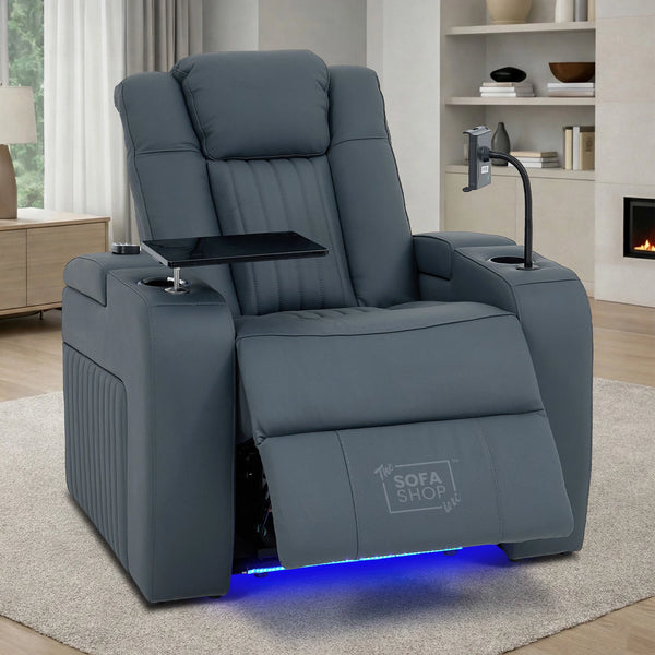 Real Leather Recliner Chair In Blue with Power Headrest, Power Recline, Massage, Heating, USB Charging, Cooling Cup Holder & Tray Table | Capri