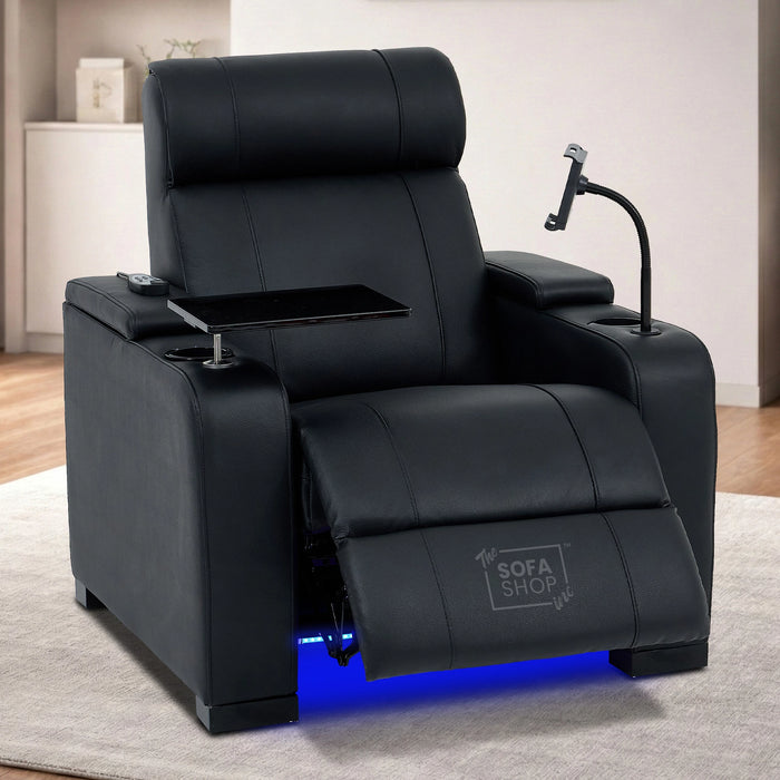 1 Seater Black Genuine Leather Electric Recliner Cinema Chair | Power Seat With Massage, Heat, Cooling Cup Holder & Detachable Tray Table | Rimini | The Sofa Shop