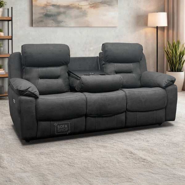 3 Seater Black Fabric Electric Recliner Cinema Sofa With Power Headrest, Dropdown Table & Cup Holders | Florence | The Sofa Shop