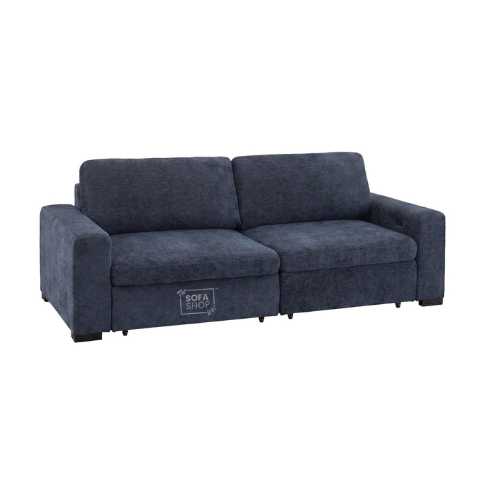 3 Seater Fabric Extendable Electric Sofa Bed | Power Sliding Couch With USB+C Charging | Blue Chenille Fabric | Home Theatre Seating & Comfort Headrests | Palma | The Sofa Shop