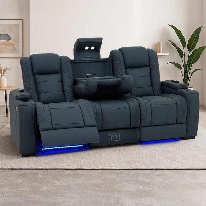 3 Seater Electric Recliner Cinema Sofa in Blue Genuine Leather with Massage, Drop-Down Table, Cup Holders, Power Recliner, USB Ports & Storage Box | Napoli
