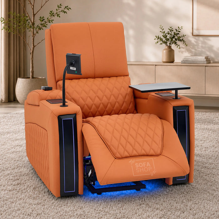 1 Seater Electric Dual Lift Riser Cinema Chair | Power Recline, Heated Lumbar + Massage & Cooling & Heating Cup Holders | Orange Real Leather Riser Armchair with Tray Tables | Assisi | The Sofa Shop
