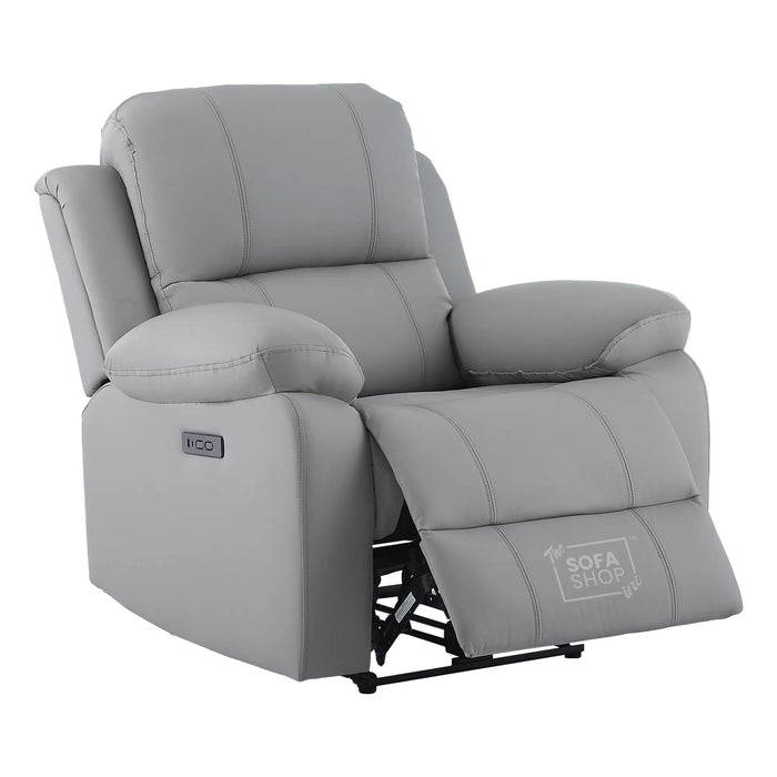 Trento Electric Recliner Chair in Light Grey Real Leather | Power Recline, Padded Armrests & Lumbar Support | The Sofa Shop
