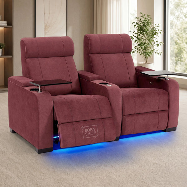 2 Seater Reclining Sofa with Electric Reclining, Massage, USB Ports, Cooling Cup Holders, Storage Boxes & LED Lights | Purple Velvet Sofa | Rimini | The Sofa Shop
