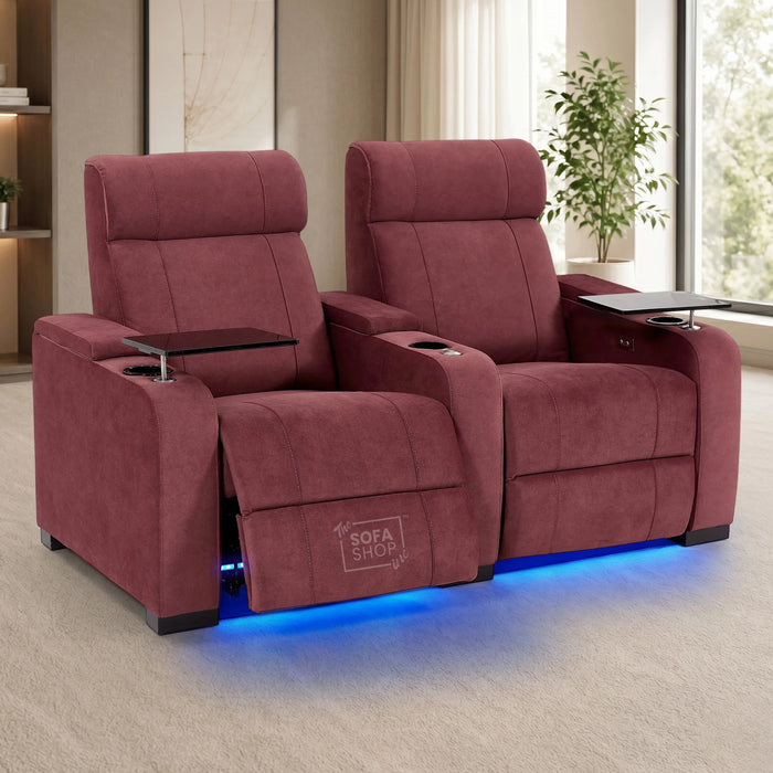 2 Seater Reclining Sofa with Electric Reclining, Massage, USB Ports, Cooling Cup Holders, Storage Boxes & LED Lights | Purple Velvet Sofa | Rimini | The Sofa Shop