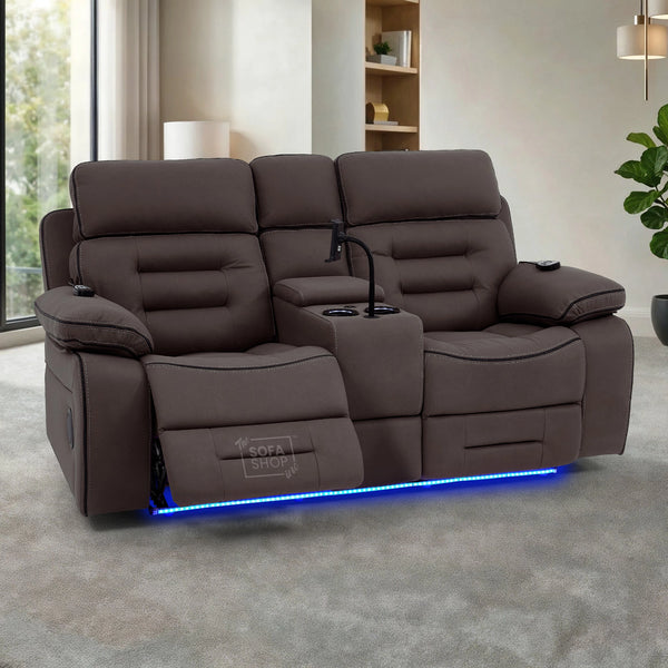 2 Seater Dark Brown Fabric Electric Recliner Home Theatre Sofa with Middle Console | Hi-Tech Sofa with 8-Point Massage, Heated Lumbar, Multi-Link Bluetooth, Cooling & Heating Cupholders | Tuscany | The Sofa Shop