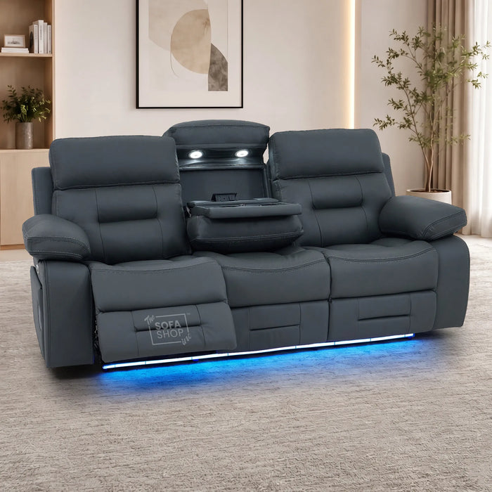 3 Seater Cinema Sofa in Grey Genuine Leather | Hi-Tech Couch with Power Recline + Power Headrests + Wireless Charging + Speakers | Sicily | The Sofa Shop