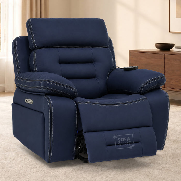 Electric Riser Chair In Blue Fabric | Hi-Tech Recliner Armchair With Vibration Massage + Heated Lumbar + Cooling Cup Holder + Power Headrest | Tuscany | The Sofa Shop