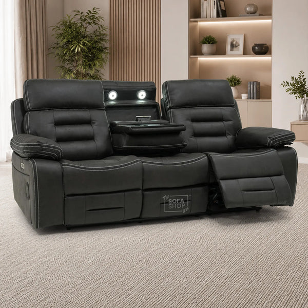 3 Seater Cinema Sofa in Black Velvet Fabric | Hi-Tech Cinema Sofa with Power Recline + Power Headrests + Wireless Charging + Speakers + Fold Down Table| Sample | Tuscany | The Sofa Shop