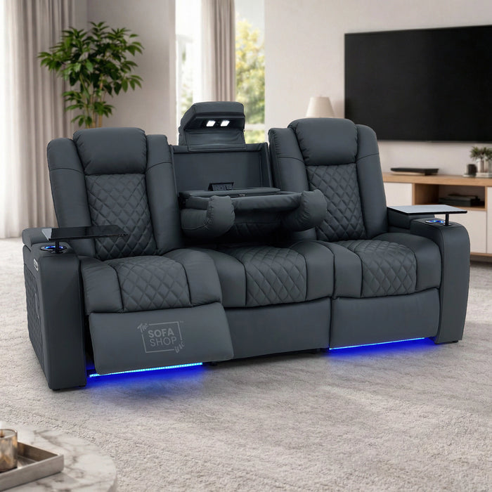 3 Seater Grey Real Leather Electric Recliner Cinema Sofa | Hi-Tech Couch With Multi-Link Bluetooth Speakers, Cooling + Heating Cup Holder, Wireless Charging, Fold Down Table, Food Trays & Power Grommet | Milano | The Sofa Shop
