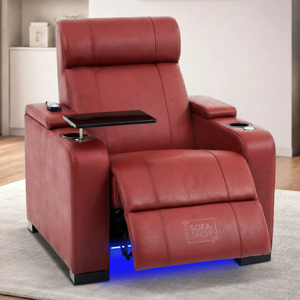 1 Seater Real Leather Electric Recliner Cinema Chair in Red | Massage, Tray Table, Cooling Cup Holder & USB | Rimini | The Sofa Shop