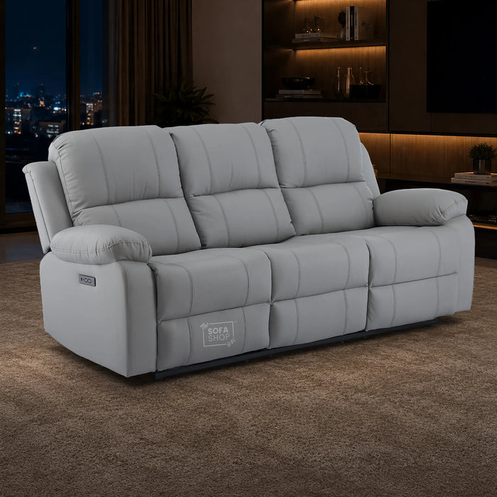 3 Seater Electric Recliner Sofa In Light Grey Real Leather | Power Recliner With Drop-Down Table & USB+C Charging | Comfortable & Family-Friendly Sofa | Trento | The Sofa Shop