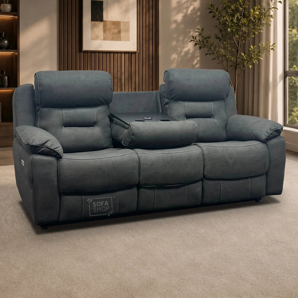 3 Seater Grey Fabric Electric Recliner Cinema Sofa With Power Headrest, Dropdown Table & Cup Holders | Florence | The Sofa Shop