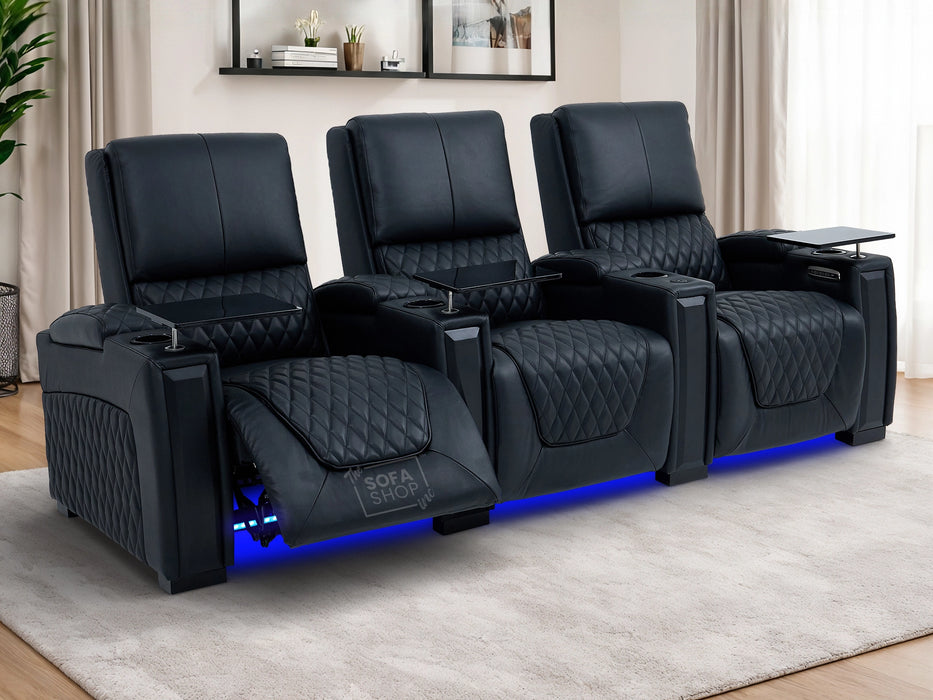 3 Seater Cinema Sofa in Black Real Leather | Luxury Theatre & Home Cinema Seating | Electric Recliner With USB Charging + Cupholders & Power Headrests | LED Lighting & Hidden Storage | Assisi
