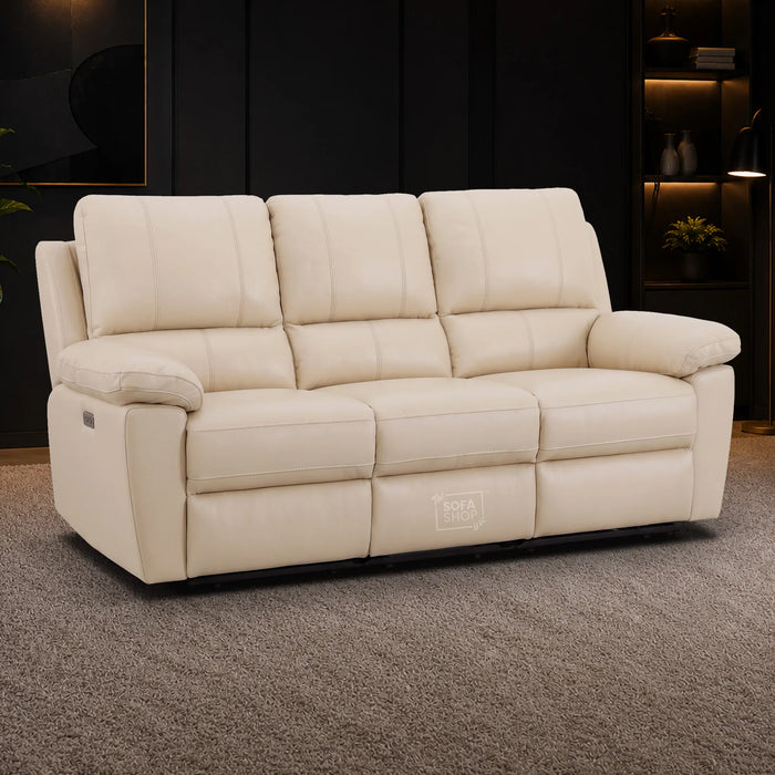 3 Seater Electric Recliner Sofa In Cream Real Leather | Power Recliner With Drop-Down Table & USB+C Charging | Comfortable & Family-Friendly Sofa | Trento | The Sofa Shop