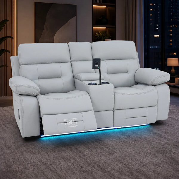 2 Seater Cinema Sofa in Light Grey Genuine Leather | Hi-Tech Console Couch with Power Recline + Power Headrests + Speakers + Cooling Cupholders | Sicily | The Sofa Shop