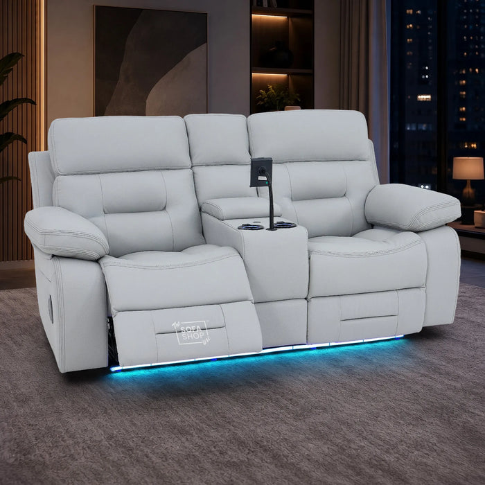 2 Seater Cinema Sofa in Light Grey Genuine Leather | Hi-Tech Console Couch with Power Recline + Power Headrests + Speakers + Cooling Cupholders | Sicily | The Sofa Shop