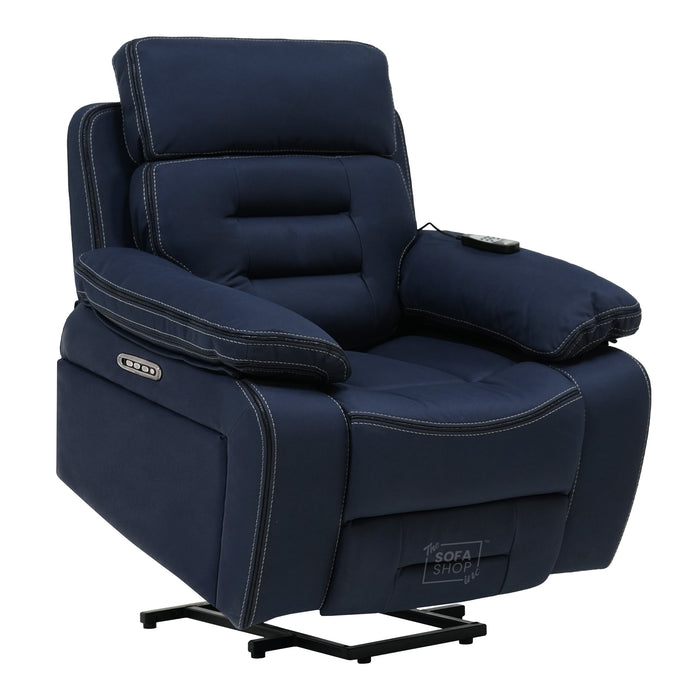 Electric Riser Chair In Blue Fabric | Hi-Tech Recliner Armchair With Vibration Massage + Heated Lumbar + Cooling Cup Holder + Power Headrest | Tuscany | The Sofa Shop