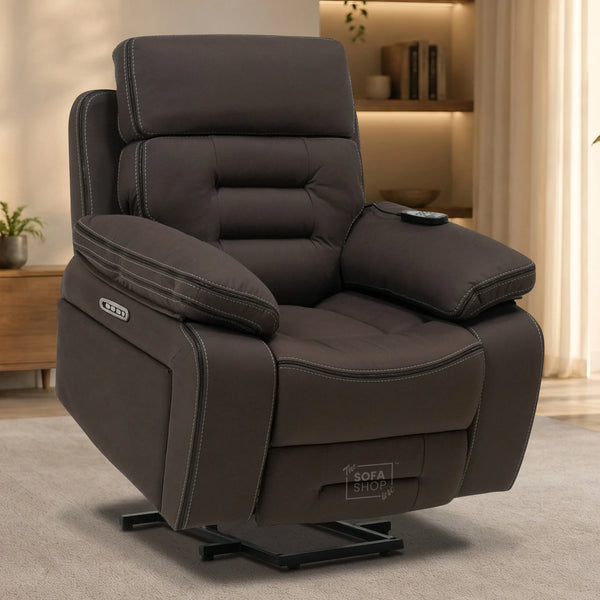Tuscany Riser Recliner Chair | 1 Seater Dark Brown Fabric Electric Recliner Rising Armchair | Hi-Tech Lift Chair with Riser Function, Vibration Massage, Heated Lumbar  & Cooling Cup Holder + Power Grommet| The Sofa Shop