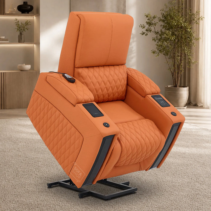1 Seater Electric Dual Lift Riser Cinema Chair | Power Recline, Heated Lumbar + Massage & Cooling & Heating Cup Holders | Orange Real Leather Riser Armchair with Tray Tables | Assisi | The Sofa Shop
