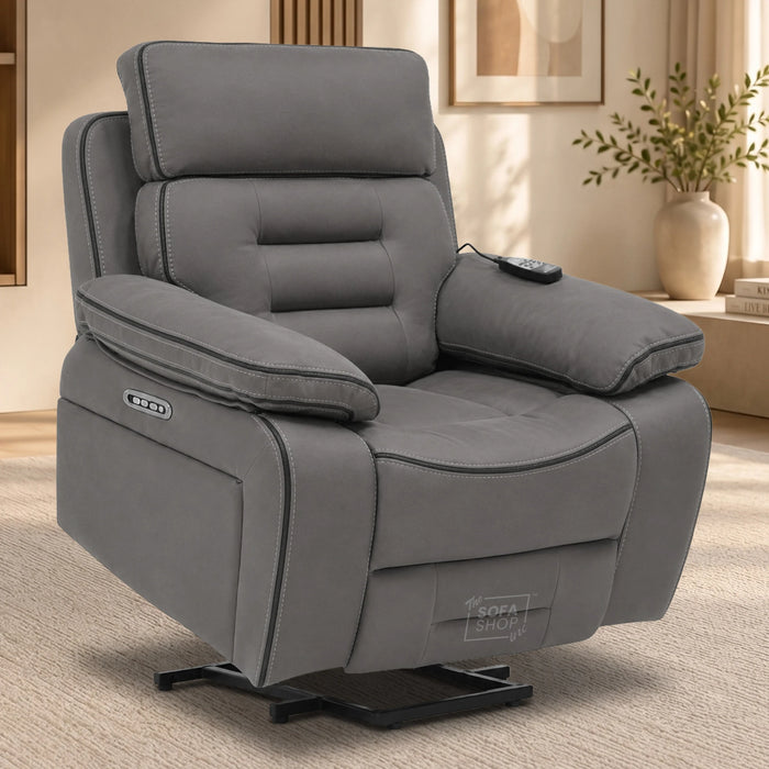 Electric Riser Chair In Graphite Grey Fabric | Hi-Tech Recliner Armchair With Vibration Massage + Heated Lumbar + Cooling Cup Holder + Power Headrest | Tuscany | The Sofa Shop